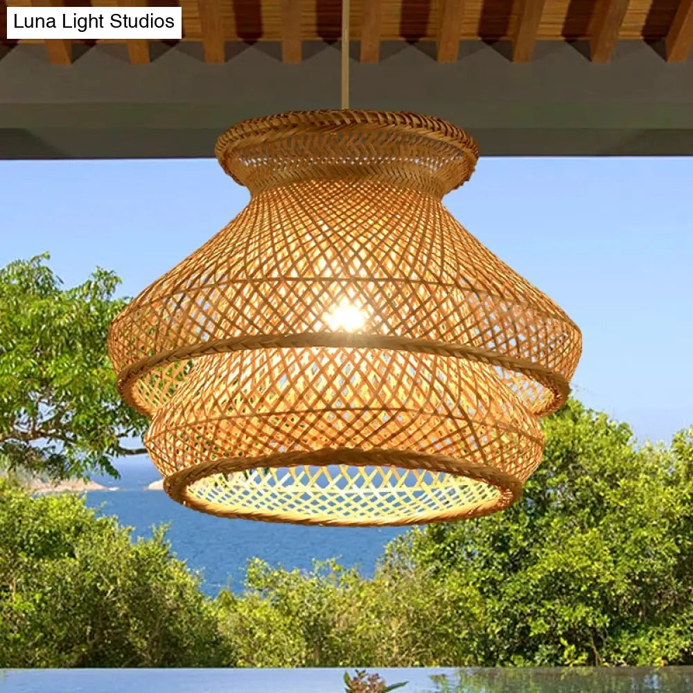 Retro Wood Suspension Ceiling Light With Bamboo Shade - 2-Tier Hanging 1 Bulb