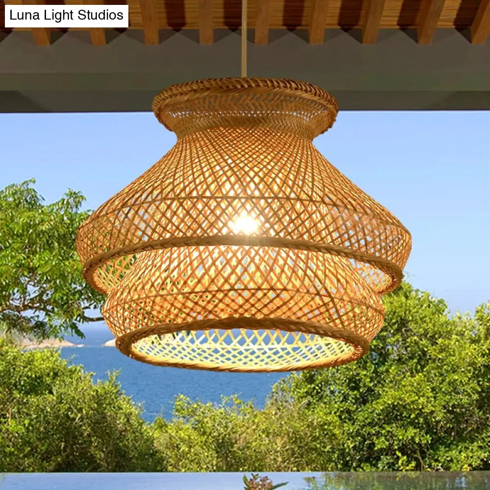 Retro 2-Tier Wood Hanging Ceiling Light With Bamboo Shade - 1 Bulb Suspension Lighting