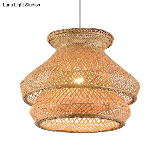 Retro 2-Tier Wood Hanging Ceiling Light With Bamboo Shade - 1 Bulb Suspension Lighting