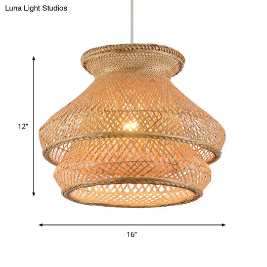 Retro 2-Tier Wood Hanging Ceiling Light With Bamboo Shade - 1 Bulb Suspension Lighting