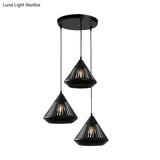 Retro 3-Head Diamond Iron Pendant Light With Black Canopy