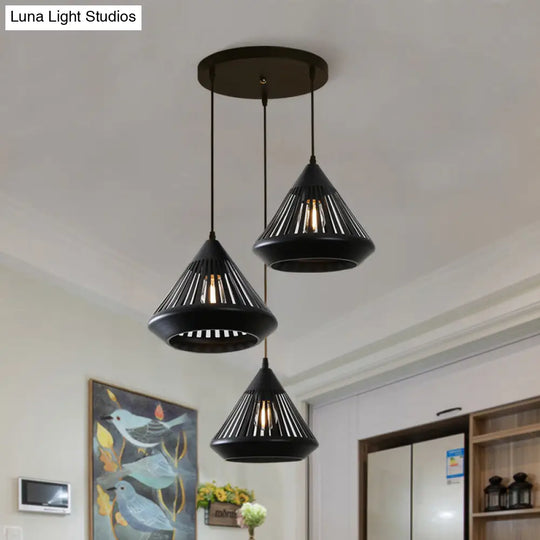 Retro 3-Head Diamond Iron Pendant Light With Black Canopy