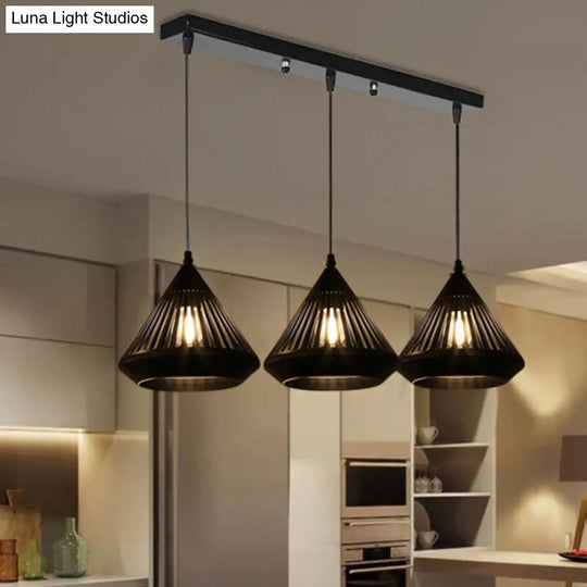 Retro Diamond Iron Ceiling Pendant Light - 3-Head Multi Hanging Lamp With Hollowed-Out Design Black