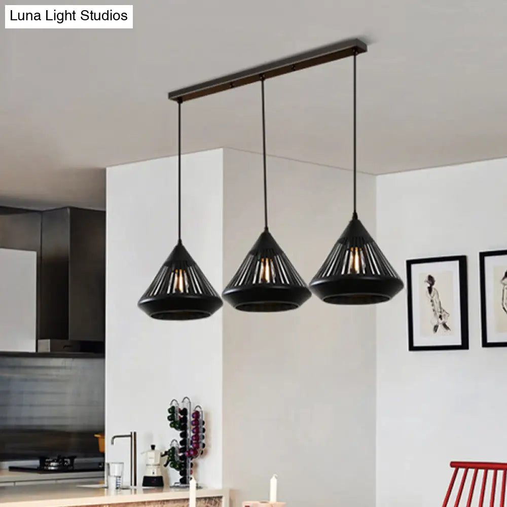 Retro Diamond Iron Ceiling Pendant Light - 3-Head Multi Hanging Lamp With Hollowed-Out Design Black