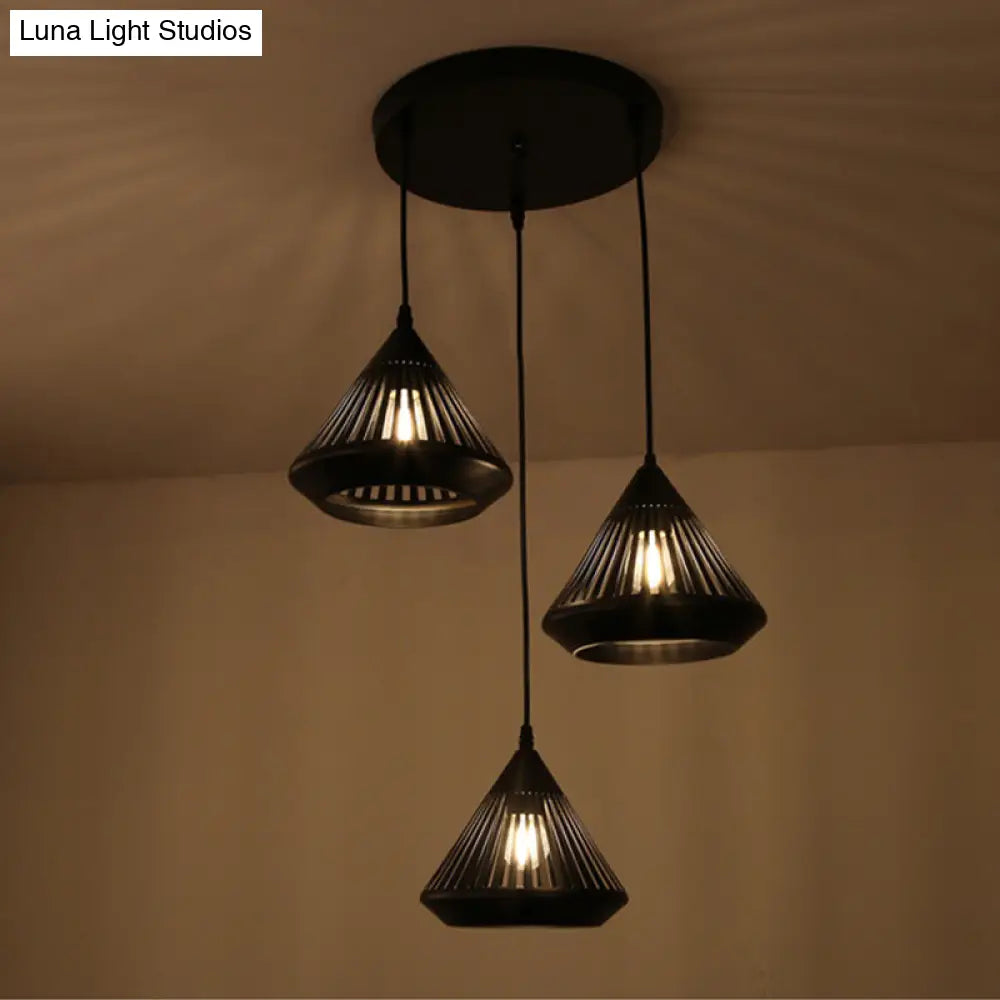 Retro Diamond Iron Ceiling Pendant Light - 3-Head Multi Hanging Lamp With Hollowed-Out Design Black