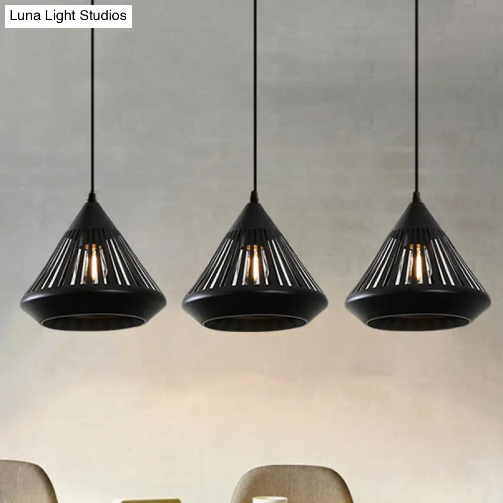 Retro Diamond Iron Ceiling Pendant Light - 3-Head Multi Hanging Lamp With Hollowed-Out Design Black