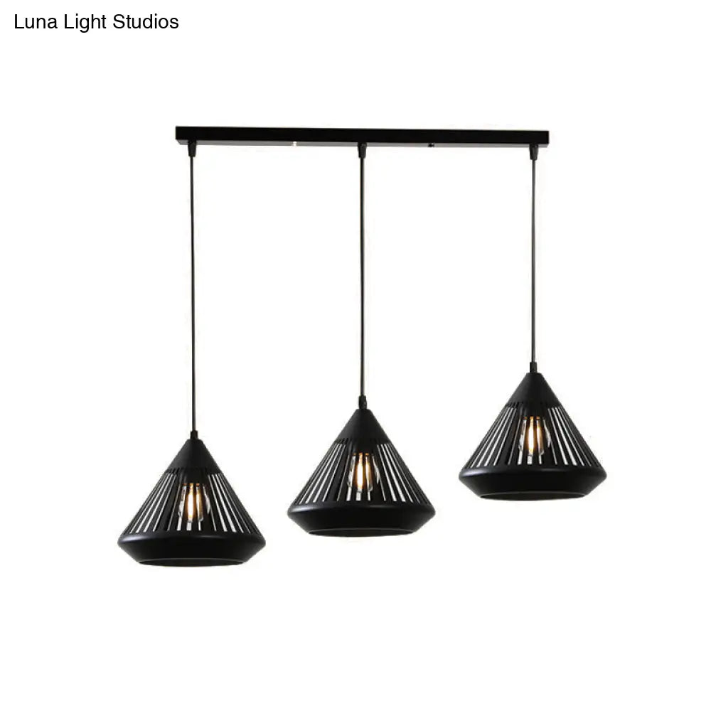 Retro 3-Head Diamond Iron Pendant Light With Black Canopy