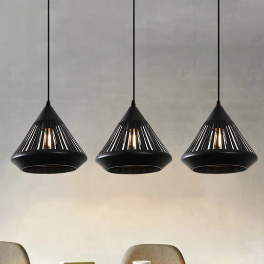 Retro 3-Head Diamond Iron Pendant Light With Black Canopy / Linear