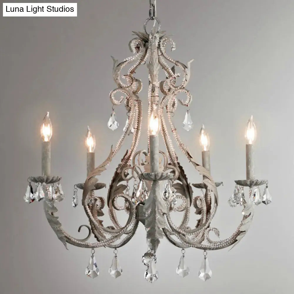 Retro 6-Head Pendant Chandelier With Crystal Beaded Arms - Metallic Candelabra Light For Living Room