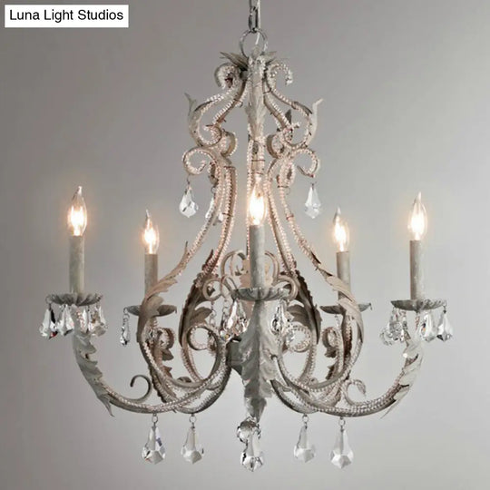 Retro 6-Head Pendant Chandelier With Crystal Beaded Arms - Metallic Candelabra Light For Living Room