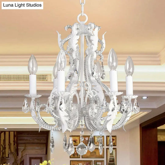 Retro 6-Head Pendant Chandelier With Crystal Beaded Arms - Metallic Candelabra Light For Living Room