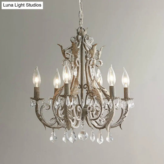 Retro 6-Head Pendant Chandelier With Crystal Beaded Arms - Metallic Candelabra Light For Living Room