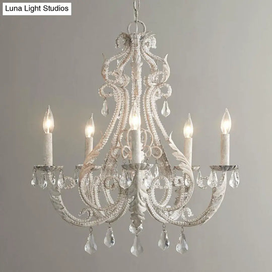 Retro 6-Head Pendant Chandelier With Crystal Beaded Arms - Metallic Candelabra Light For Living Room