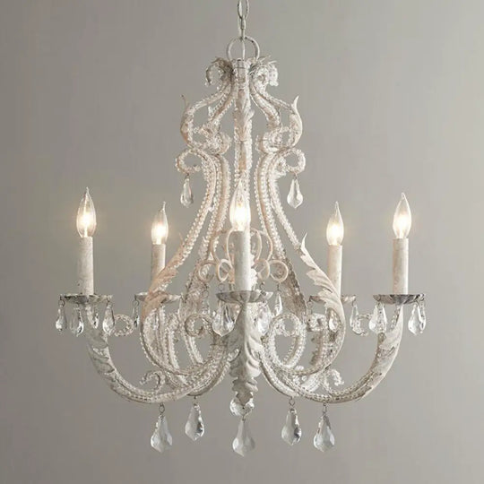 Retro 6-Head Pendant Chandelier With Crystal Beaded Arms - Metallic Candelabra Light For Living Room