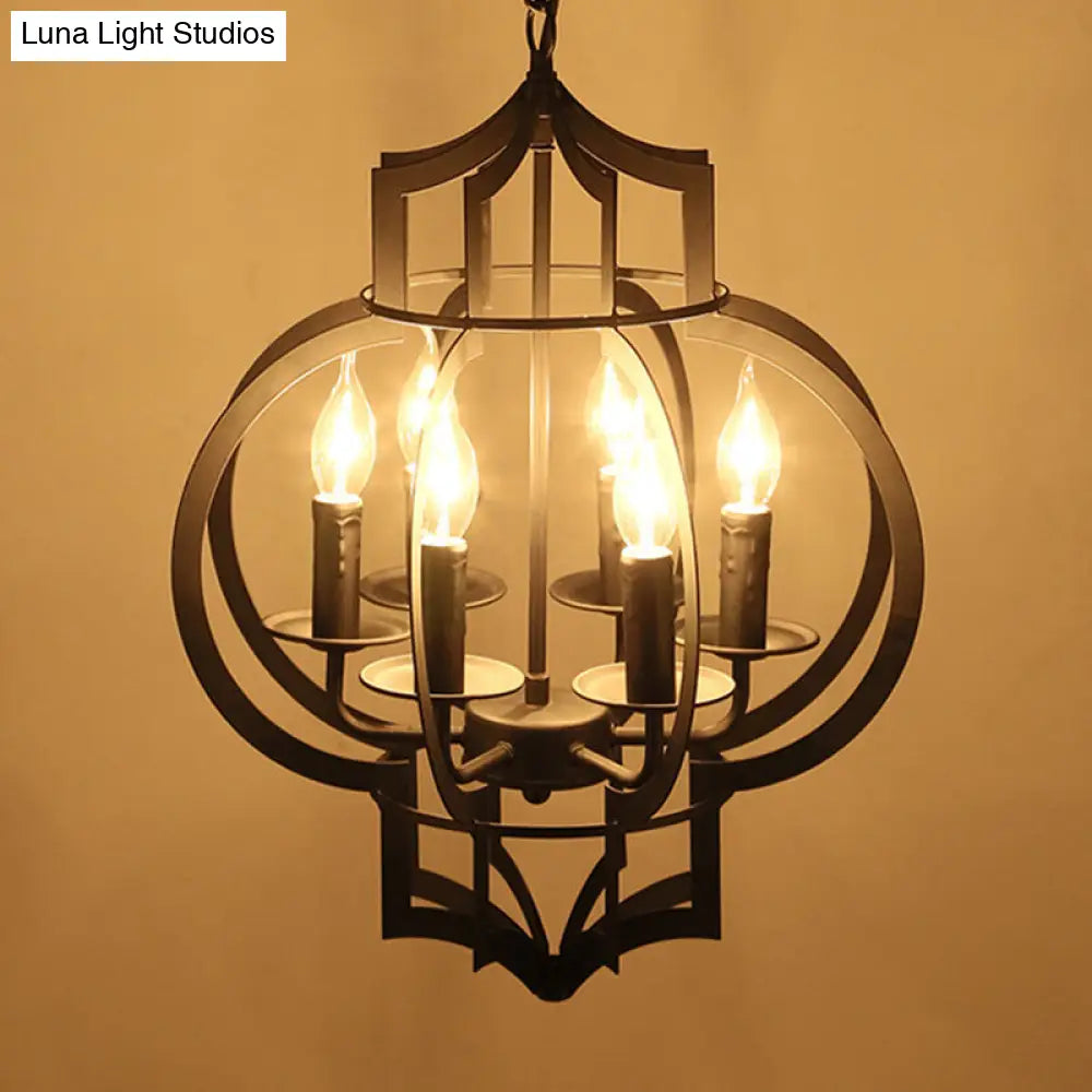 Retro Style 6-Light Metallic Black Chandelier Lantern - Ceiling Suspended Lamp