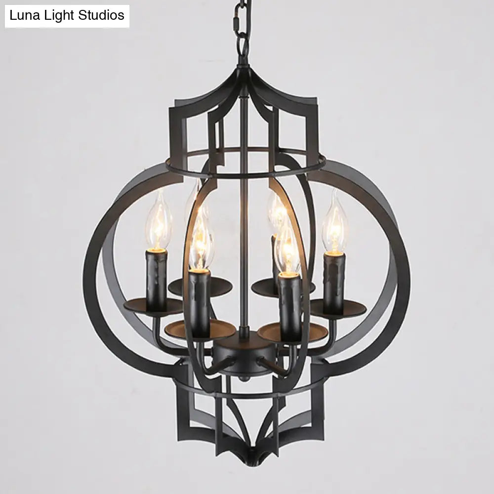 Retro Style 6-Light Metallic Black Chandelier Lantern - Ceiling Suspended Lamp