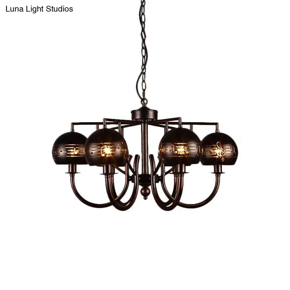 Vintage-Inspired 6-Light Rust Pendant Chandelier With Musical Note Metalperfect For Restaurants