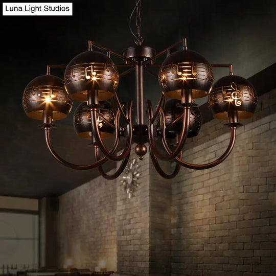 Vintage-Inspired 6-Light Rust Pendant Chandelier With Musical Note Metalperfect For Restaurants