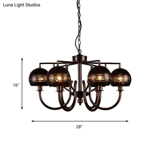 Vintage-Inspired 6-Light Rust Pendant Chandelier With Musical Note Metalperfect For Restaurants