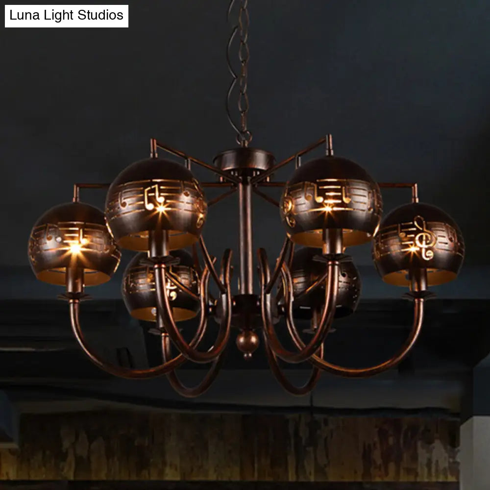 Vintage-Inspired 6-Light Rust Pendant Chandelier With Musical Note Metalperfect For Restaurants