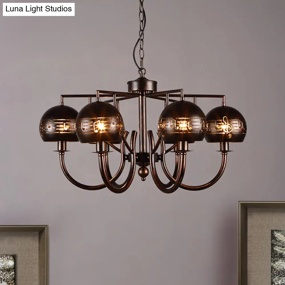 Vintage-Inspired 6-Light Rust Pendant Chandelier With Musical Note Metalperfect For Restaurants