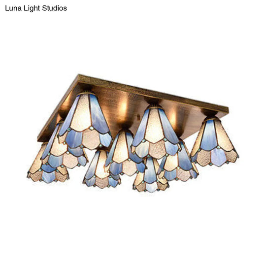 Retro 9-Head Stained Glass Flush Mount Ceiling Light - Tiffany-Style