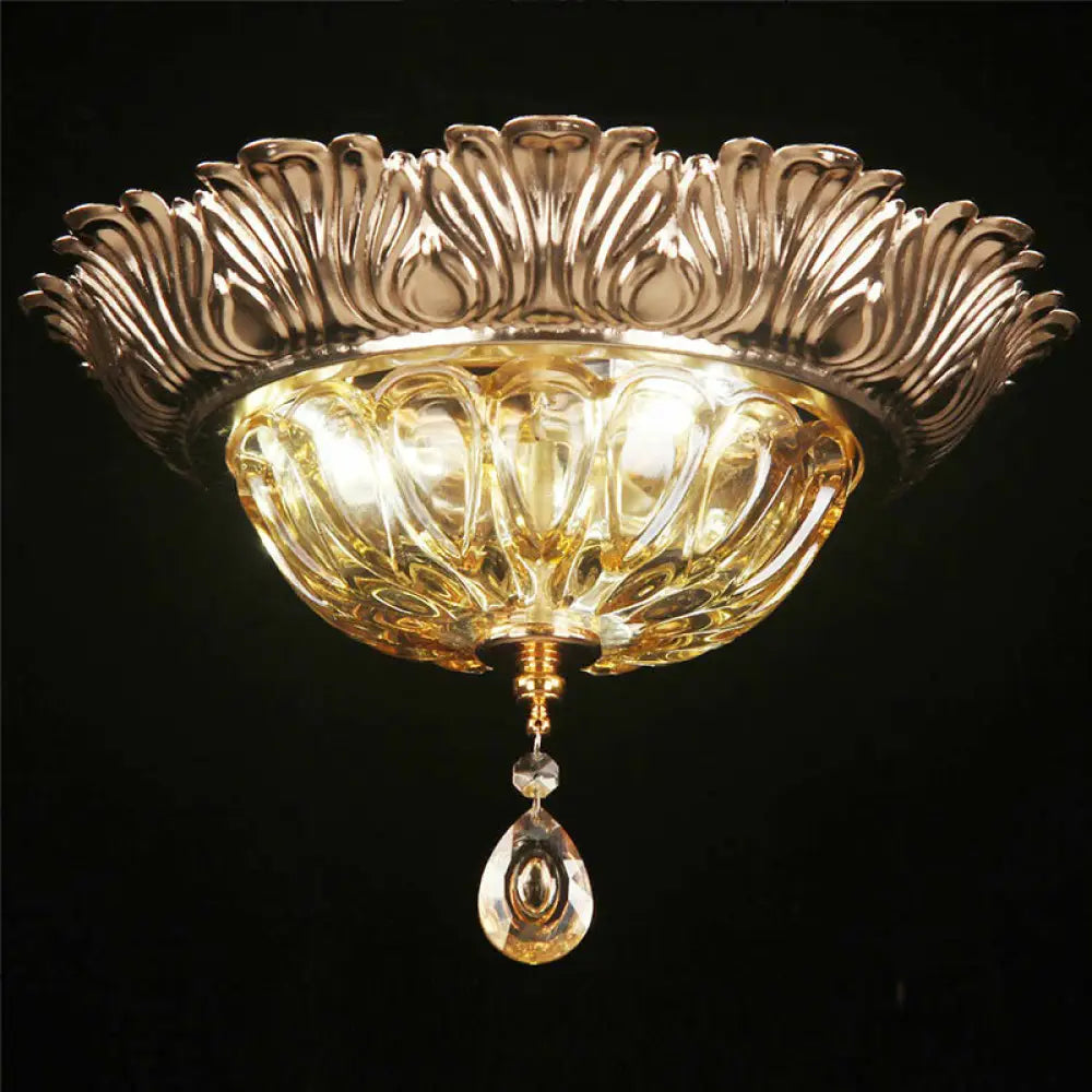 Retro Amber Glass Flush Mount Ceiling Light With Crystal Drop - 3 - Light Bowl Fixture