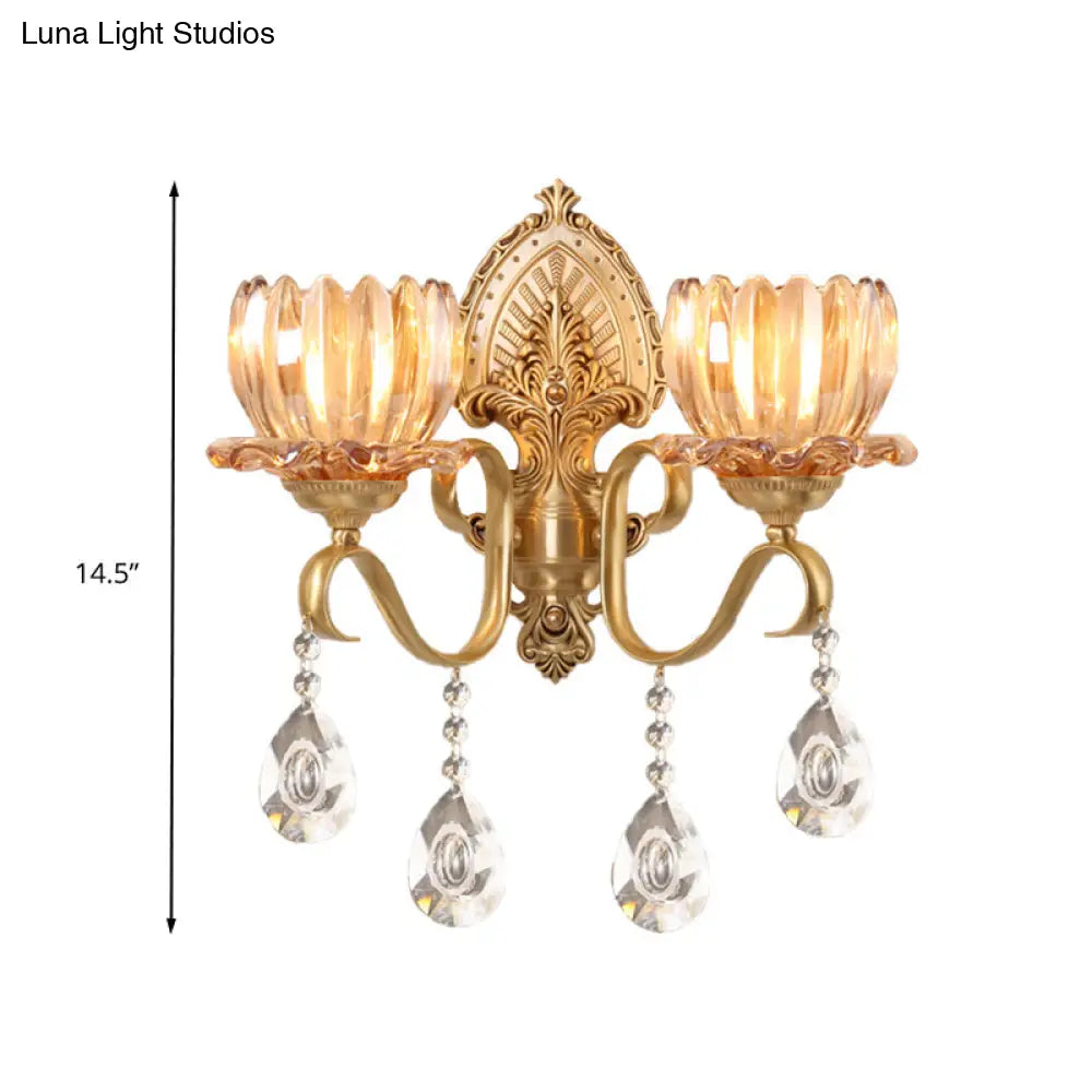 Retro Amber Glass Wall Lamp With Gold Blooms And Crystal Drops For Living Room Decor