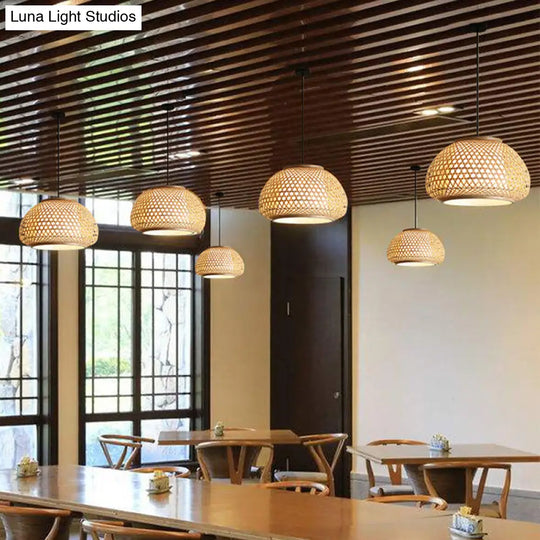 Wide Dome Suspension Pendant Bamboo Hanging Light Fixture - Retro Style (Single Bulb)