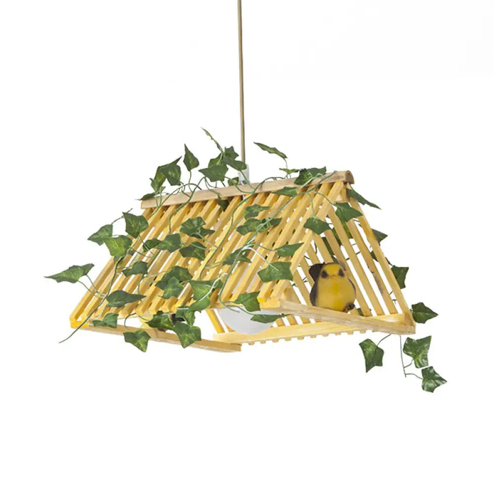 Retro Bamboo Pendant Lamp With Red/Green Roof 1 Light Dining Room Hanging Fixture - Plant Deco Green