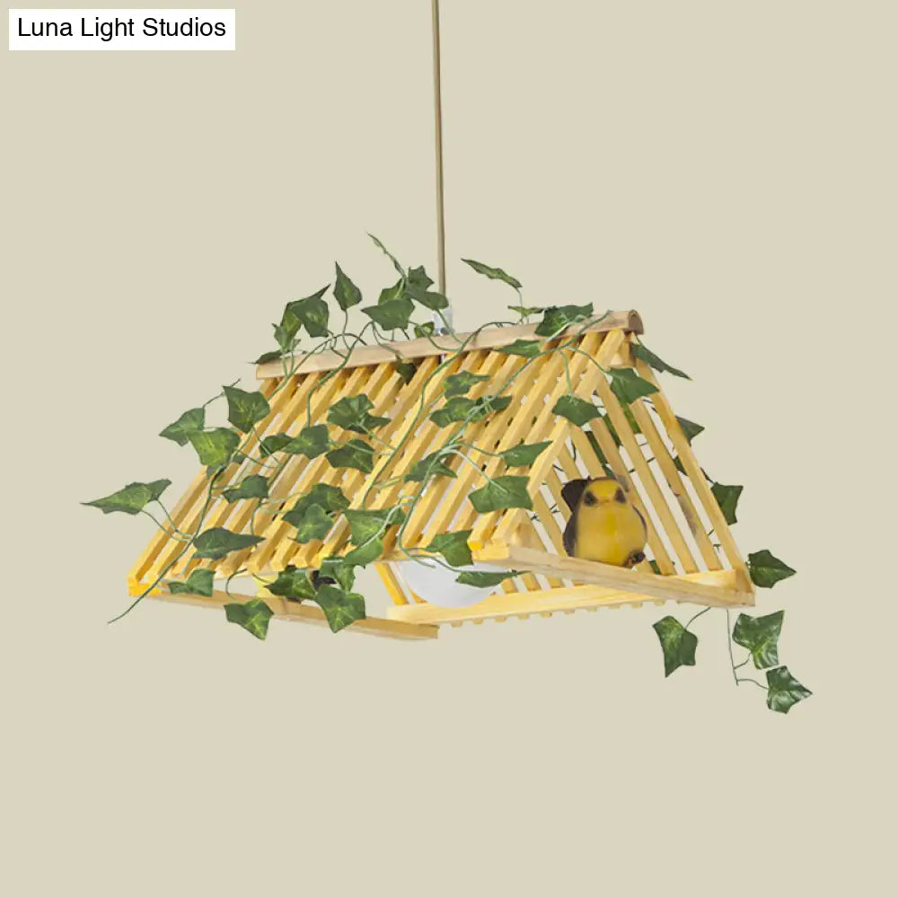 Retro Bamboo Pendant Lamp With Red/Green Roof 1 Light Dining Room Hanging Fixture - Plant Deco