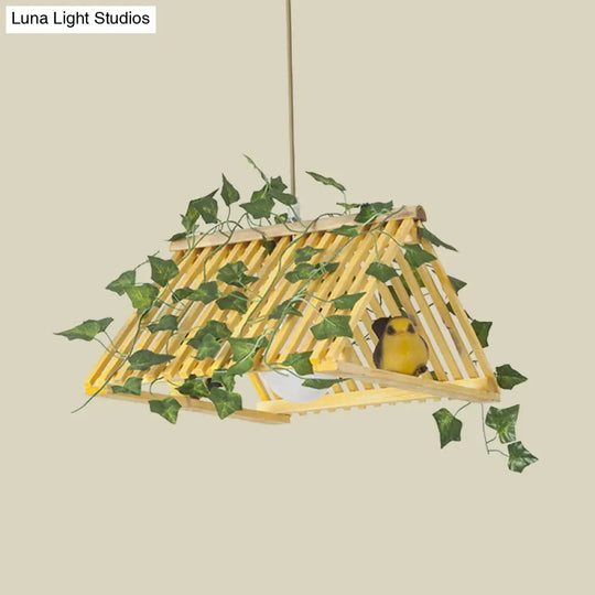 Retro Bamboo Pendant Lamp With Red/Green Roof 1 Light Dining Room Hanging Fixture - Plant Deco