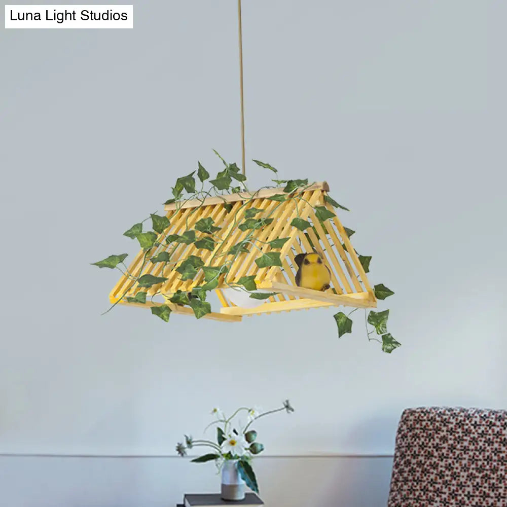 Retro Bamboo Pendant Lamp With Red/Green Roof 1 Light Dining Room Hanging Fixture - Plant Deco