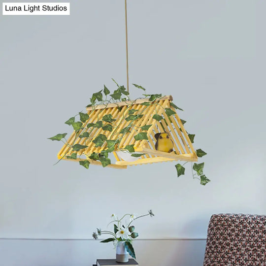 Retro Bamboo Pendant Lamp With Red/Green Roof 1 Light Dining Room Hanging Fixture - Plant Deco