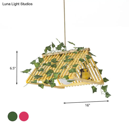 Bamboo Retro Pendant Lamp With Red/Green Roof And Plant Deco For Dining Room Lighting