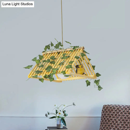 Bamboo Retro Pendant Lamp With Red/Green Roof And Plant Deco For Dining Room Lighting