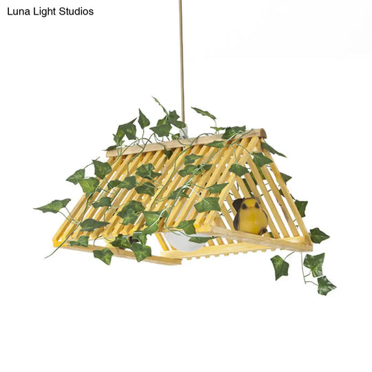 Bamboo Retro Pendant Lamp With Red/Green Roof And Plant Deco For Dining Room Lighting Green