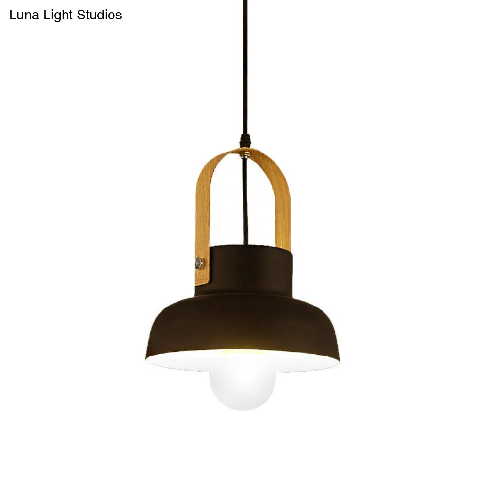 Retro Barn Pendant Lamp - 1-Light Metal Hanging Ceiling Light With Leather Strap In White/Grey/Black