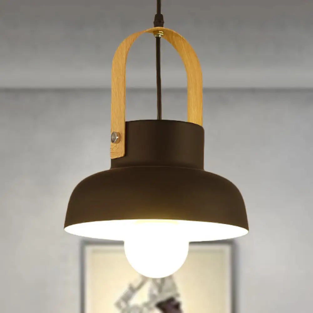 Retro Barn Pendant Lamp - 1 Light Metal Ceiling With Leather Strap (White/Grey/Black) Black