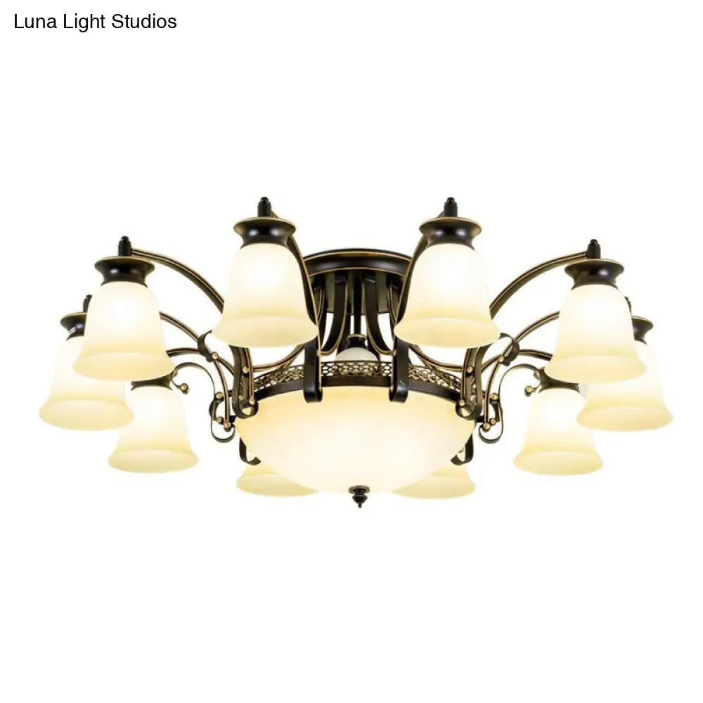 Retro Beige Glass Flared Semi Flush Light For Dining Room