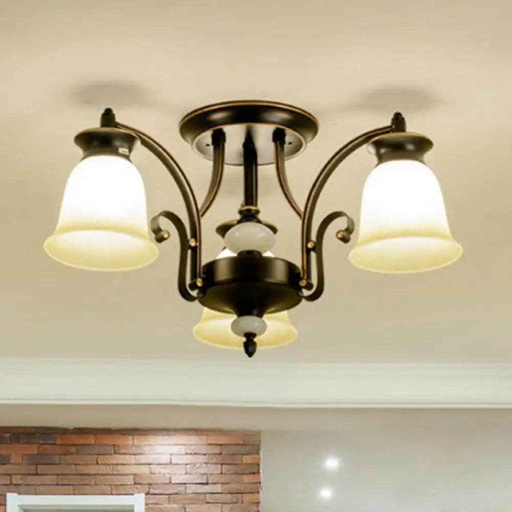 Retro Beige Glass Flared Semi Flush Light For Dining Room 3 / Black