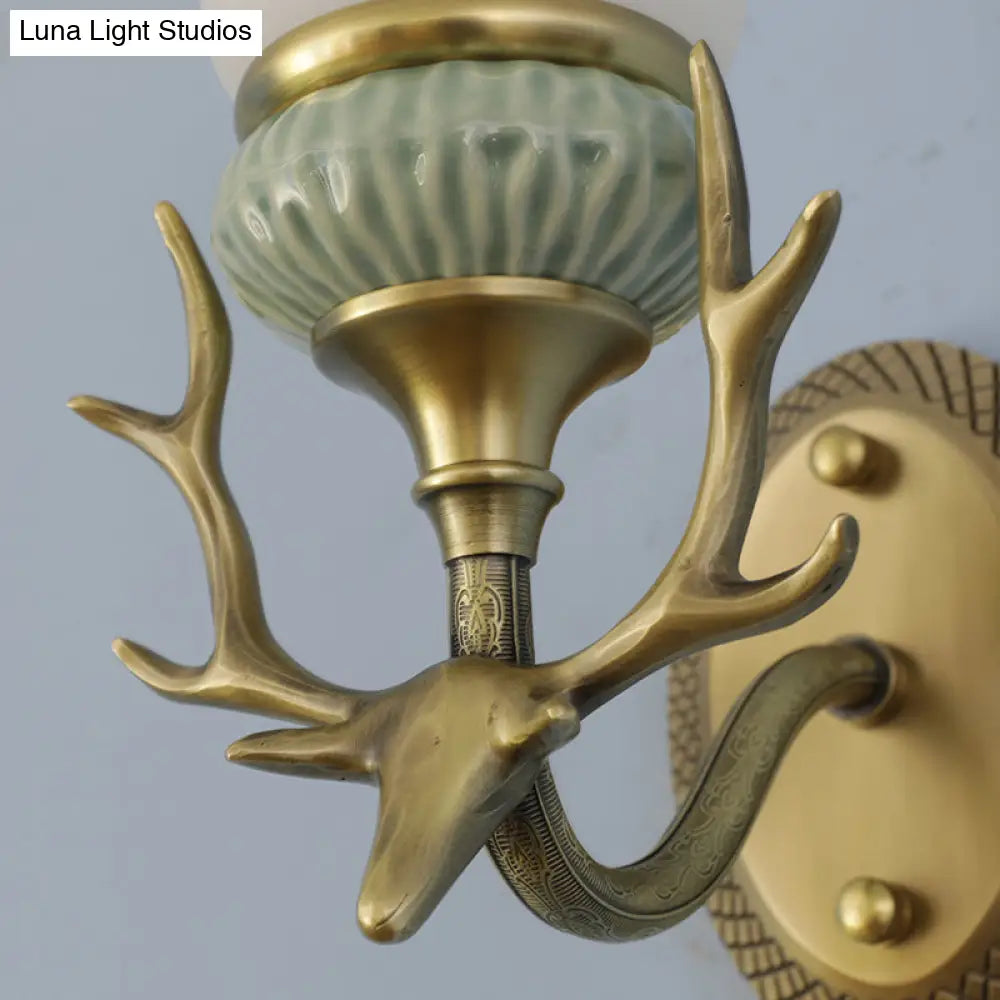 Retro Bell Opal Glass Brass Wall Sconce With Antlers - Elegant 1-Light Lamp Fixture