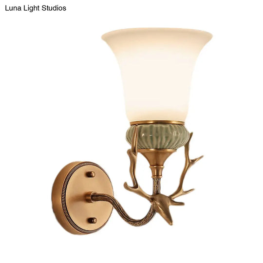 Retro Bell Opal Glass Brass Wall Sconce With Antlers - Elegant 1-Light Lamp Fixture