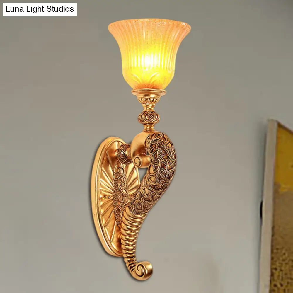 Retro Bell Wall Sconce With Amber Glass And Bronze/Gold Arm For Bedroom Lighting