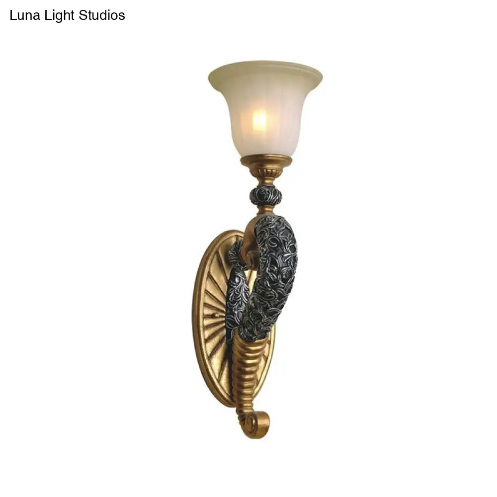 Retro Bell Wall Sconce With Amber Glass And Bronze/Gold Arm For Bedroom Lighting