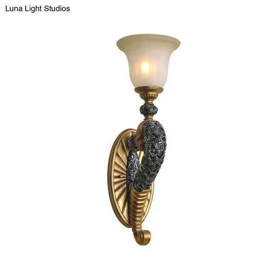 Retro Bell Wall Sconce With Amber Glass And Bronze/Gold Arm For Bedroom Lighting