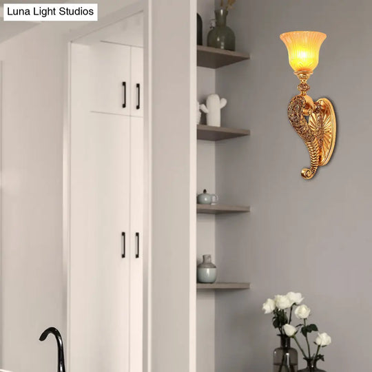 Retro Bell Wall Sconce With Amber Glass And Bronze/Gold Arm For Bedroom Lighting