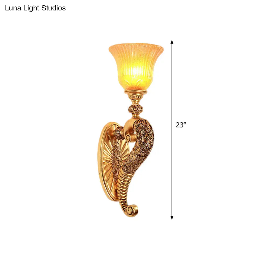 Retro Bell Wall Sconce With Amber Glass And Bronze/Gold Arm For Bedroom Lighting