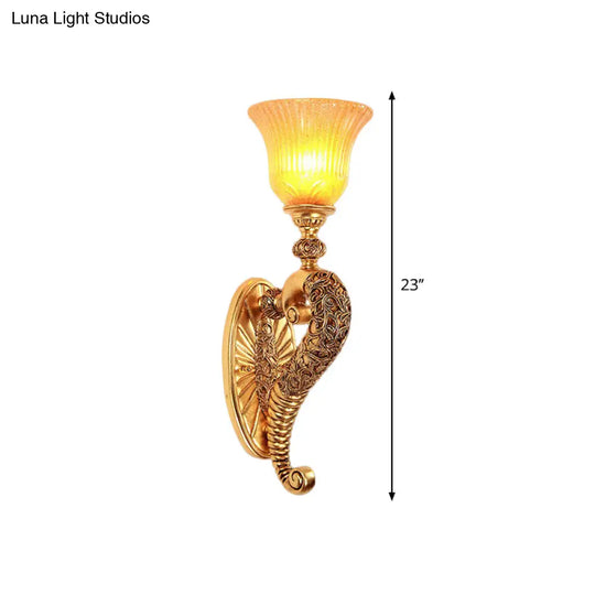 Retro Bell Wall Sconce With Amber Glass And Bronze/Gold Arm For Bedroom Lighting