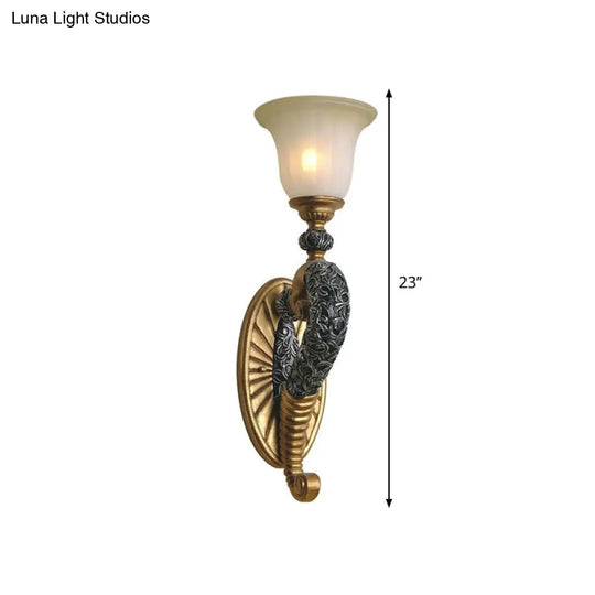 Retro Bell Wall Sconce With Amber Glass And Bronze/Gold Arm For Bedroom Lighting